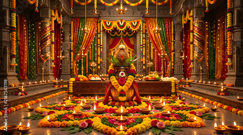 Hindu temple interior with floral rangoli and oil lamps.