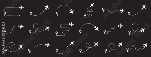 Canvas Print Airplane flight path routes with pin map pointers, airplane dashed trace line infographic element vector set