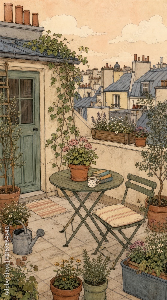 Fototapeta premium Charming rooftop garden scene, vintage style, ideal for mobile wallpaper.