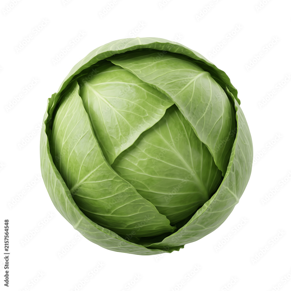 Fototapeta premium Fresh whole green cabbage with vibrant leaves isolated against white with captured bright studio lighting clean showcases single tightly on transparent background