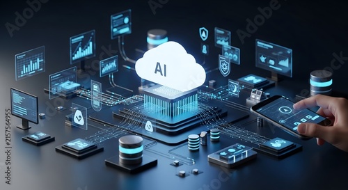 Futuristic cloud computing hub with mobile device interaction