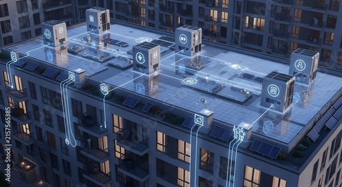 Modern apartment building rooftop solar panels with energy network