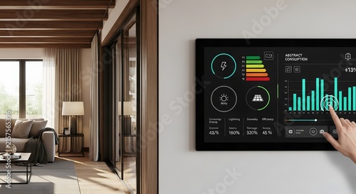 Person using smart home energy dashboard on wall mounted screen