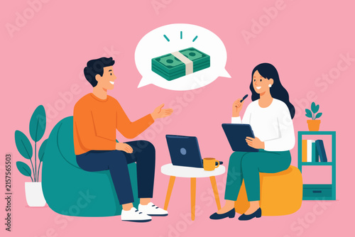 Job applicant talking about expected salary with female hr manager in pink office setting.