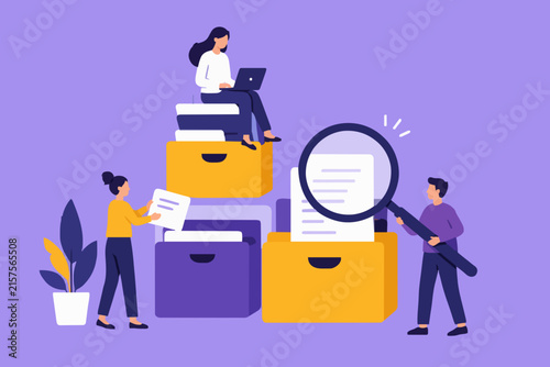 Business people search documents using magnifying glass and laptop on colorful file boxes.