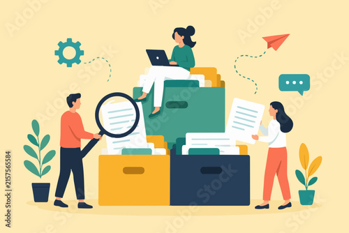 Office team managing file records and digital data with laptop and magnifying glass tool.