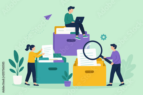 Corporate team evaluating documents with magnifying glass and laptop on file storage bins.