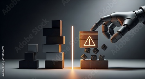 Robot hand with blocks and warning symbol for risk management