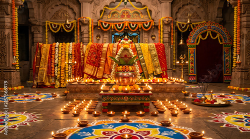 Hindu temple shrine decorated with bright fabrics and lamps.