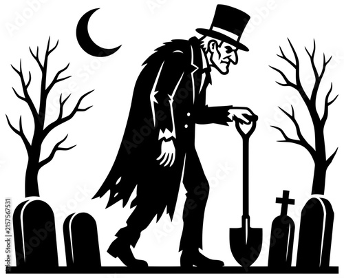 Фотография Spooky black and white illustration of a creepy gravedigger holding a shovel in a graveyard at night