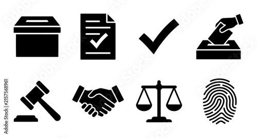 8 Election and Justice Silhouette Icons, Flat, for Legal and Voting Concepts