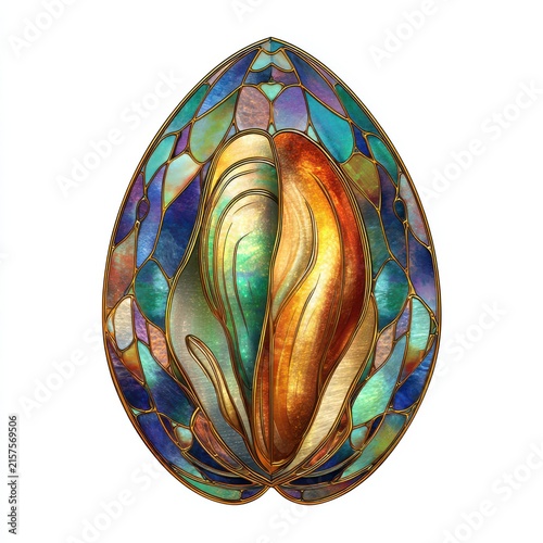 Ornate Stained Glass Egg With Iridescent Blue And Gold Patterns On Isolated White Background