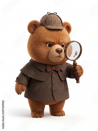Cute cartoon bear detective holding a magnifying glass.