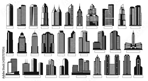 Urban skyline silhouette collection with tall buildings and skyscrapers