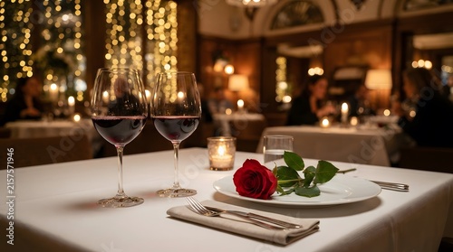 Romantic dinner table setting with red wine glasses and a single red rose in a restaurant