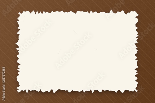 White ripped paper frame with torn edges over brown diagonal line texture.