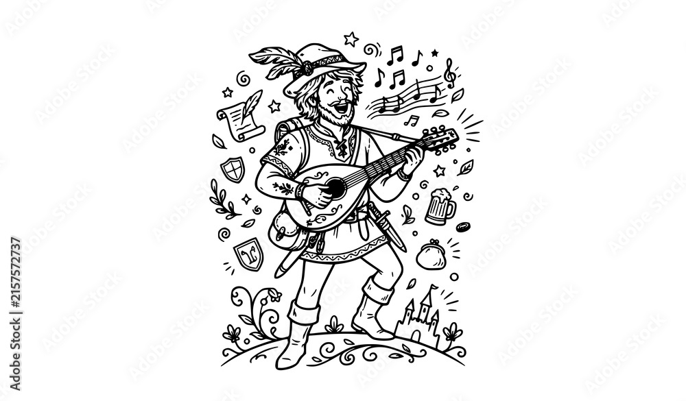 Fototapeta premium Medieval troubadour lute musician doodle graphic with fantasy music character design