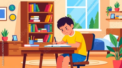 Cute cartoon vector illustration of a little boy studying and writing in a book at his desk in the bedroom