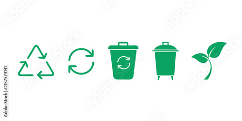 Set of green ecology, recycling, and waste management vector icons isolated on white