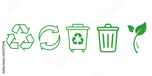 Set of green ecology, recycling, and waste management vector icons isolated on white