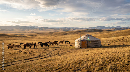 A nomadic yurt standing alone in the vast, golden grasslands, with horses grazing nearby. The Steppe Grasslands of Mongolia
