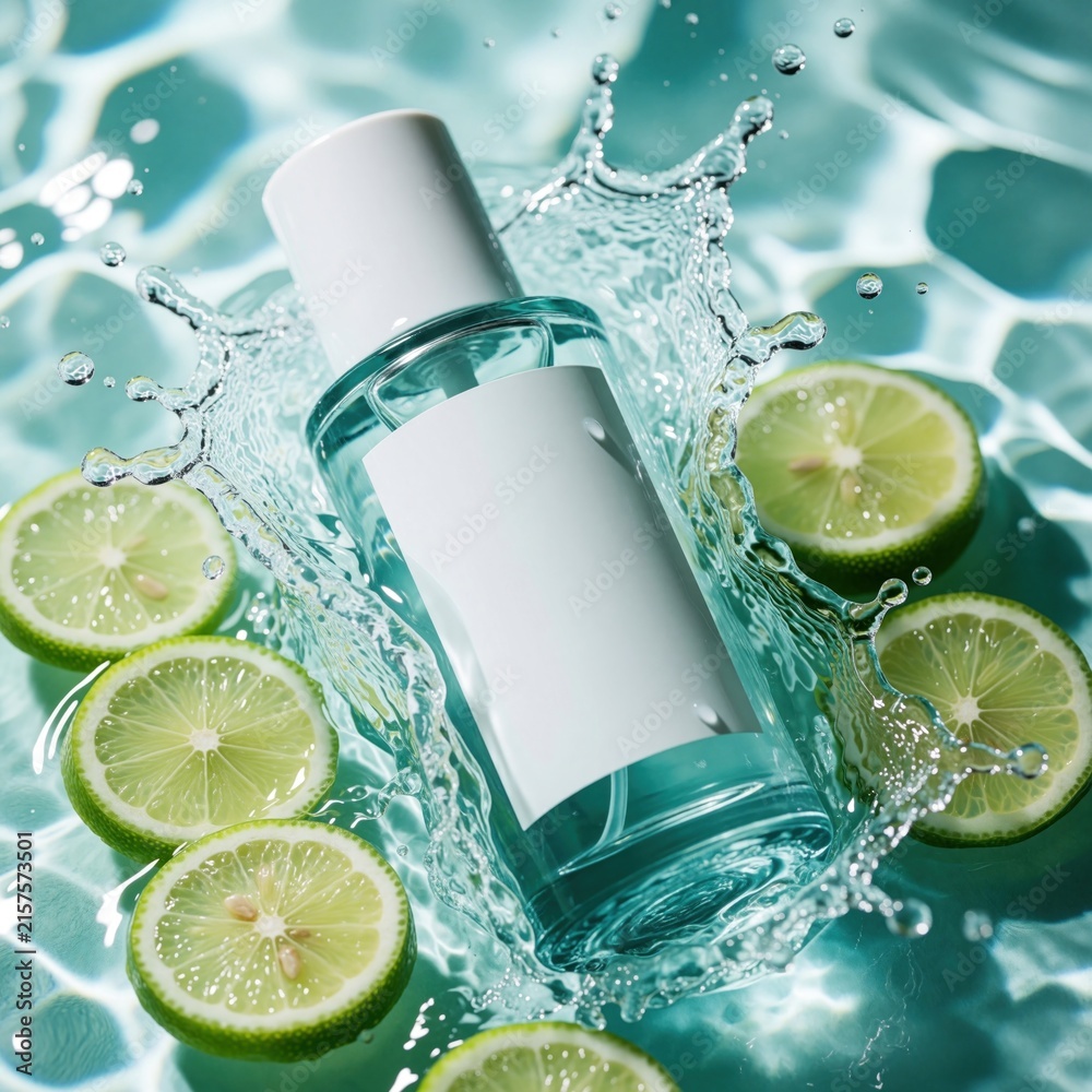 Fototapeta premium Cosmetic bottle with white label in blue water. Fresh lime slices, water splashes around glass container. Clear liquid product for skin care beauty treatment. Summer sunblock refreshing lotion