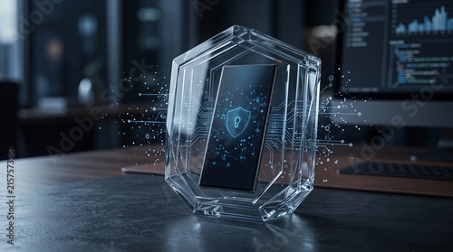 Secure Smartphone Shielded by Digital Force Field: A modern smartphone is encased in a protective, transparent digital shield.