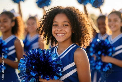 Happy young cheerleader in blue  white uniform holds shiny blue pom-pom. Sunny side view of girl with curly hair  freckles smiles. Cheerleaders in focus display team spirit outdoors. Girl with curly