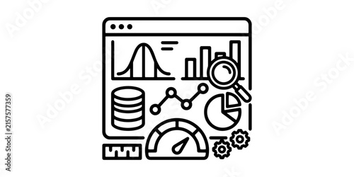 Business Analytics Dashboard Outline Icon with Charts, Database and Data Visualization