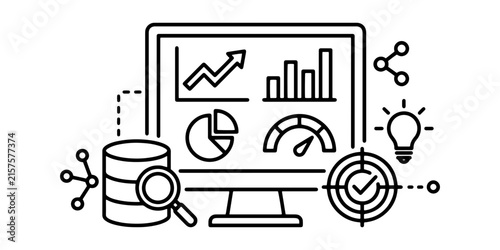 Business Analytics Dashboard Outline Icon with Charts and Performance Metrics