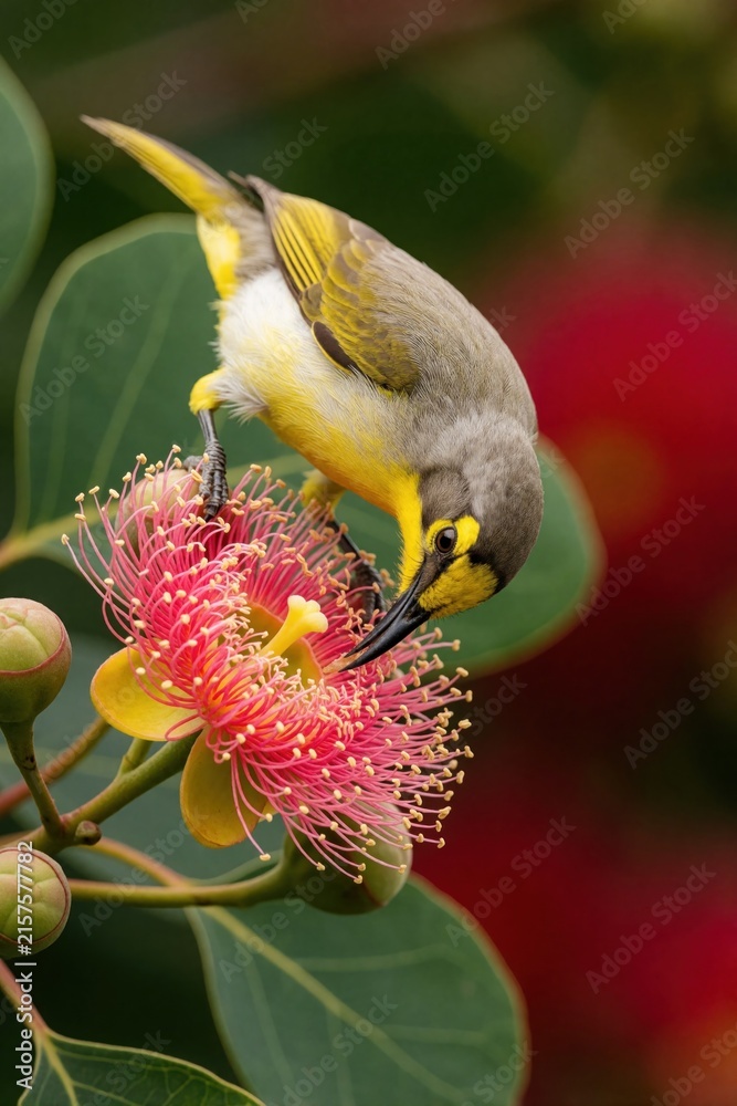 Naklejka premium Honeyeater bird delicately perches on Silky Oak flower in Northern Territory. Grey, yellow bird enjoys meal amidst rich green foliage. Closeup captures of Australian wildlife in natural setting.