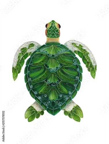Abstract Sea Turtle Illustration With Intricate Green Leaf Textures On White Background