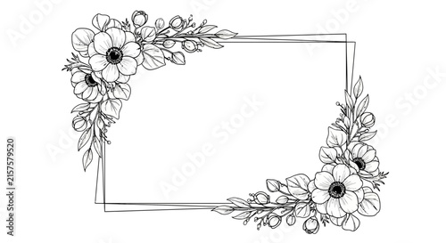Hand drawn floral frame with delicate flower line art illustration