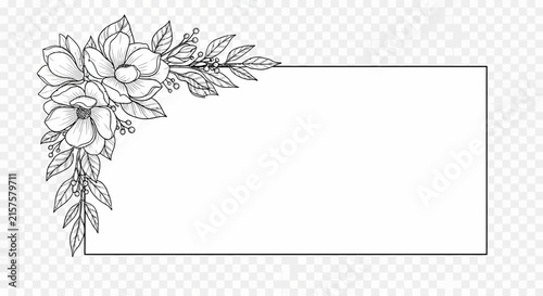 Hand drawn floral corner border frame with blossoms and leaves on transparent background