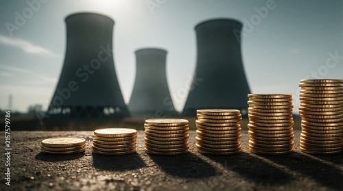 Five stacks of gold coins grow in size on rough surface. Industrial cooling towers stand in blurred background under bright sun. Concept of energy economy  rising profit  wealth from power plant 