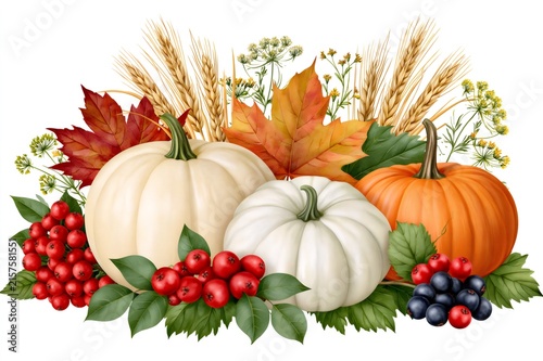 Autumn harvest pumpkins with leaves berries wheat arrangement