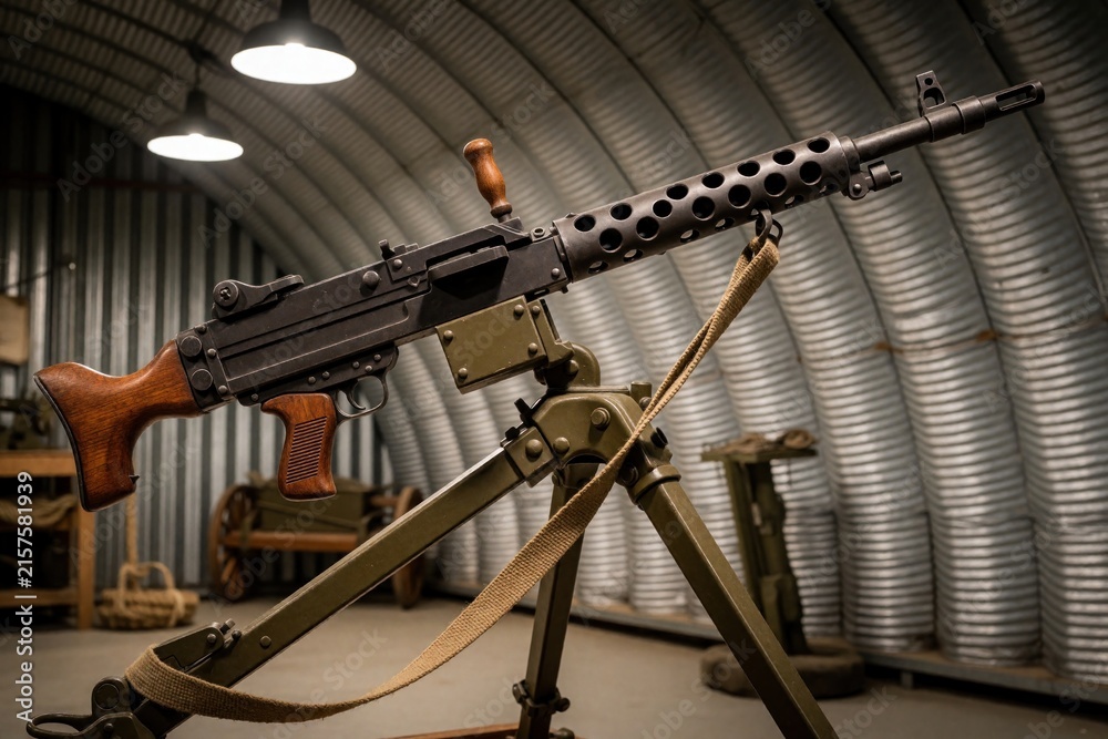 Naklejka premium Vintage WWII light machine gun sits on metal tripod in dark military hangar. Heavy automatic weapon with wooden stock, ammo belt attachment. Historical military equipment used by army in combat. Old