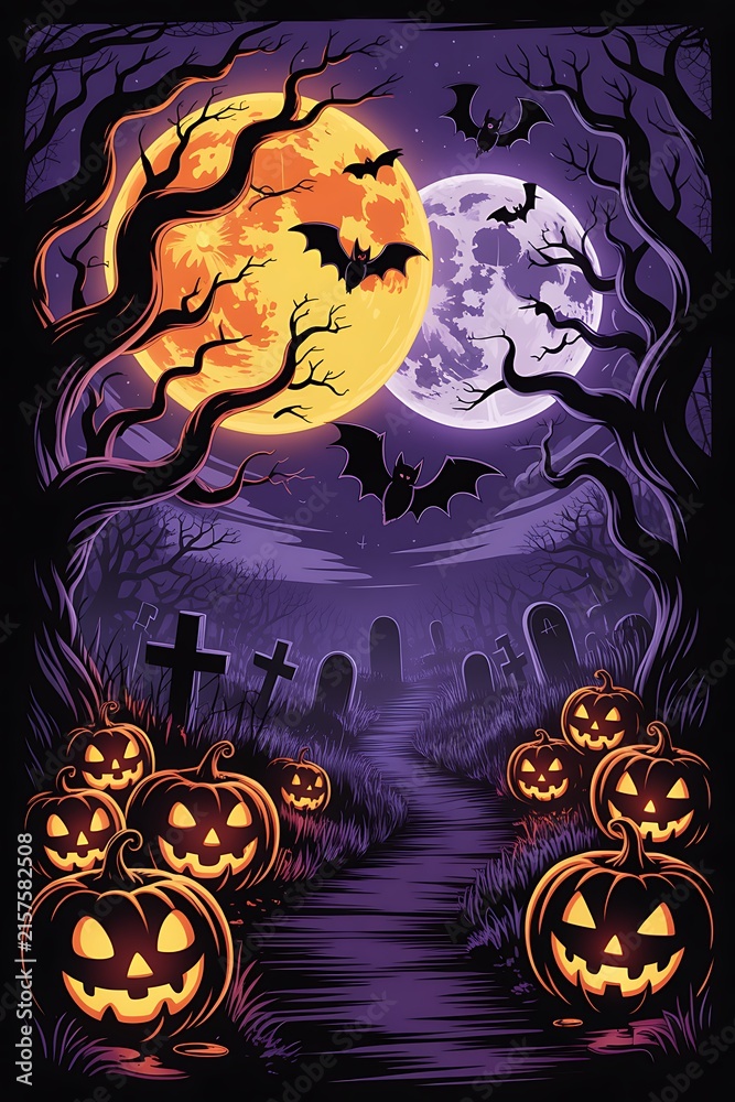 Fototapeta premium Spooky halloween night scene featuring glowing jack o lanterns in a dark cemetery under a full moon