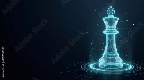 Abstract digital chess king piece hologram with glowing light particles hologram technology strategy wireframe abstract futuristic visualization particle