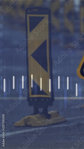 Animation of financial data processing over road sign and road