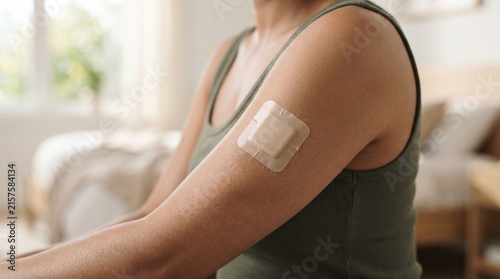 Woman demonstrating contraceptive patch on her bare shoulder, close-up – World Contraception Day
