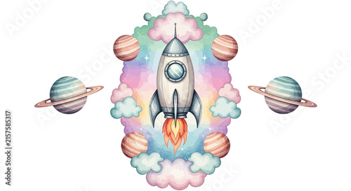 Illustration of a rocket launching through pastel clouds with ringed planets in space