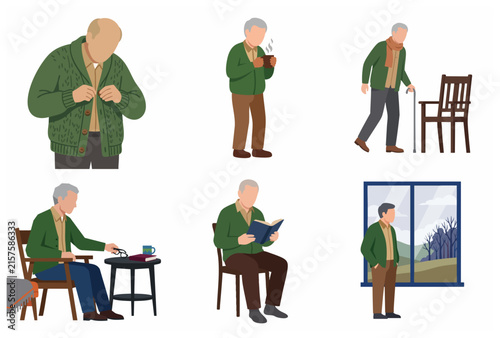 Elderly man daily routine character set, senior citizen lifestyle activities, flat vector illustration