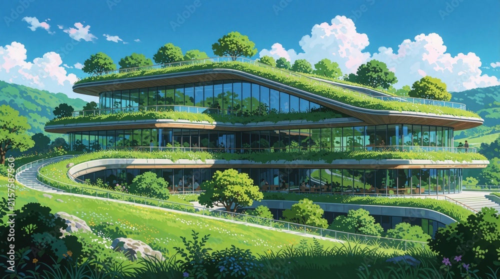 Fototapeta premium Modern eco-building with green roof and glass facade in rich landscape. Sustainable architecture blends with nature, offering serene workspace with natural light and outdoor views.