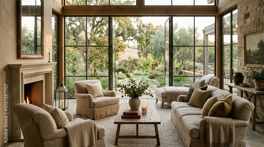 Fototapeta premium Cozy Living Room with Fireplace and Garden View