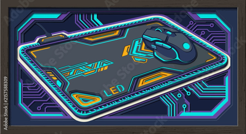 Gaming mousepad with LED lights and computer mouse, futuristic design