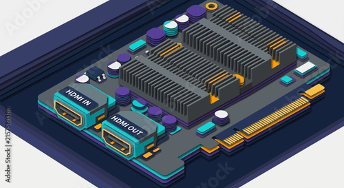 Modern computer graphics card with HDMI ports and heatsinks, isometric view