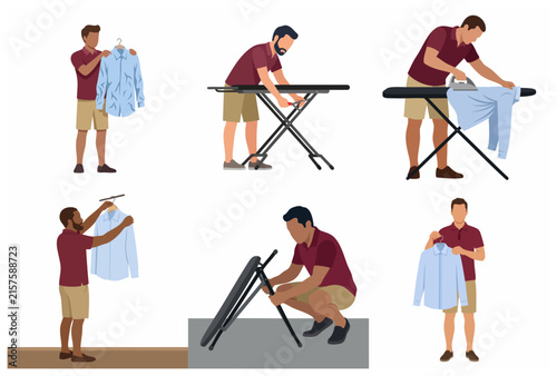 Collection of flat illustrations showing a man doing laundry and ironing clothes