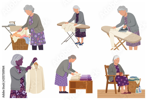Elderly woman doing various laundry chores flat vector illustration set