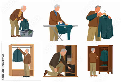 Elderly Man Doing Household Chores and Wardrobe Organization Vector Illustration Set